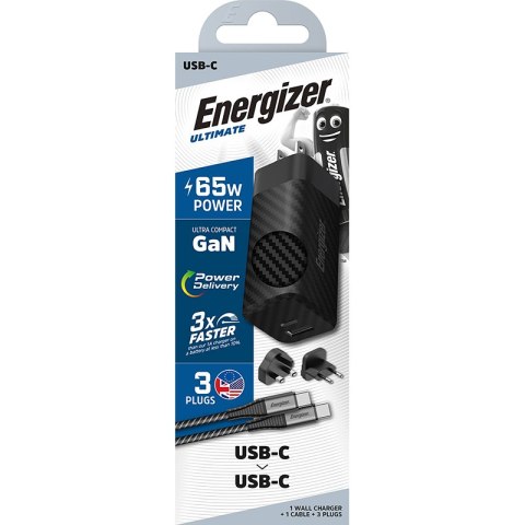 Energizer Ultimate - Ładowarka sieciowa podróżna Multiplug EU / UK / US GaN USB-C & USB-A 65W PD + Kabel USB-C (Czarny) Energizer Ultimate - Ładowarka sieciowa podróżna Multiplug EU / UK / US GaN USB-C & USB-A 65W PD + Kabel USB-C (Czarny)