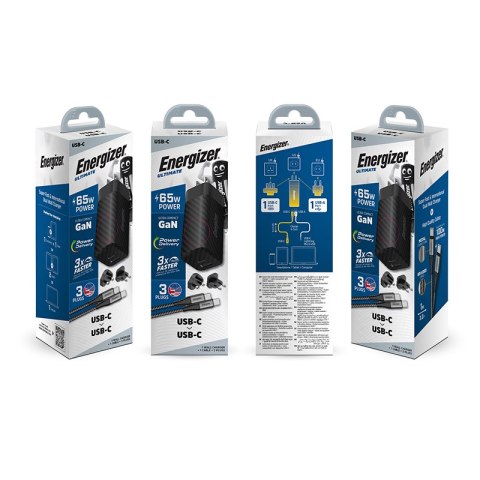 Energizer Ultimate - Ładowarka sieciowa podróżna Multiplug EU / UK / US GaN USB-C & USB-A 65W PD + Kabel USB-C (Czarny) Energizer Ultimate - Ładowarka sieciowa podróżna Multiplug EU / UK / US GaN USB-C & USB-A 65W PD + Kabel USB-C (Czarny)
