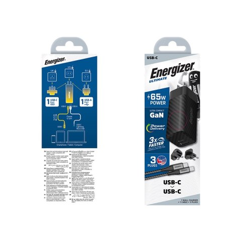 Energizer Ultimate - Ładowarka sieciowa podróżna Multiplug EU / UK / US GaN USB-C & USB-A 65W PD + Kabel USB-C (Czarny) Energizer Ultimate - Ładowarka sieciowa podróżna Multiplug EU / UK / US GaN USB-C & USB-A 65W PD + Kabel USB-C (Czarny)