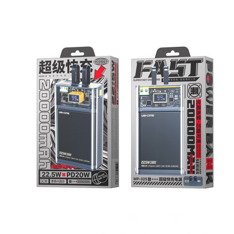 WEKOME WP-325 Vanguard Series - Power bank 20000 mAh Super Charging z wbudowanym kablem USB-C & Lightning PD 20W + QC 22.5W (Cza WEKOME WP-325 Vanguard Series - Power bank 20000 mAh Super Charging z wbudowanym kablem USB-C & Lightning PD 20W + QC 22.5W (Cza