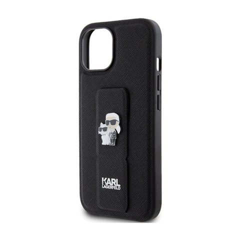 Karl Lagerfeld Gripstand Saffiano Karl & Choupette Pins - Etui iPhone 15 Plus (czarny) Karl Lagerfeld Gripstand Saffiano Karl & Choupette Pins - Etui iPhone 15 Plus (czarny)