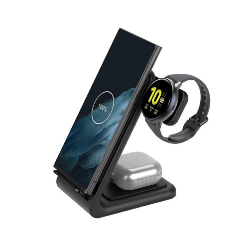 Crong PowerSpot Pivot Stand - Ładowarka bezprzewodowa 3w1 do iPhone, Samsung & Android, Galaxy Watch i słuchawek TWS (czarny) Crong PowerSpot Pivot Stand - Ładowarka bezprzewodowa 3w1 do iPhone, Samsung & Android, Galaxy Watch i słuchawek TWS (czarny)