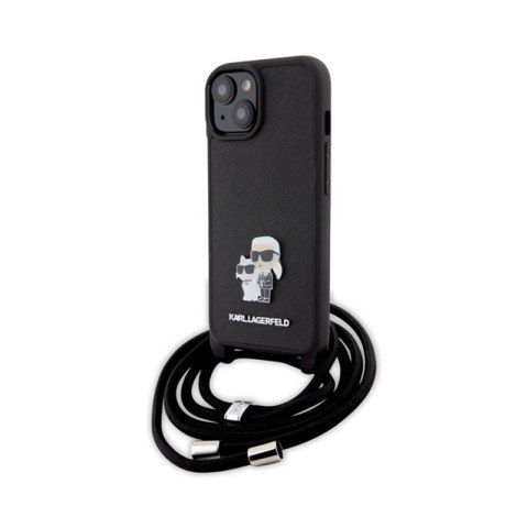 Karl Lagerfeld Crossbody Saffiano Metal Pin Karl & Choupette - Etui iPhone 15 (czarny) Karl Lagerfeld Crossbody Saffiano Metal Pin Karl & Choupette - Etui iPhone 15 (czarny)
