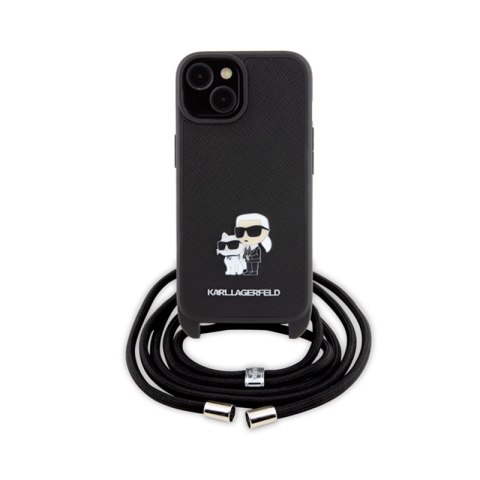 Karl Lagerfeld Crossbody Saffiano Metal Pin Karl & Choupette - Etui iPhone 15 (czarny) Karl Lagerfeld Crossbody Saffiano Metal Pin Karl & Choupette - Etui iPhone 15 (czarny)