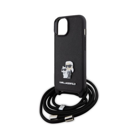 Karl Lagerfeld Crossbody Saffiano Metal Pin Karl & Choupette - Etui iPhone 15 (czarny) Karl Lagerfeld Crossbody Saffiano Metal Pin Karl & Choupette - Etui iPhone 15 (czarny)