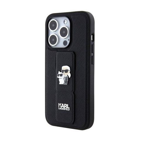 Karl Lagerfeld Gripstand Saffiano Karl & Choupette Pins - Etui iPhone 15 Pro (czarny) Karl Lagerfeld Gripstand Saffiano Karl & Choupette Pins - Etui iPhone 15 Pro (czarny)