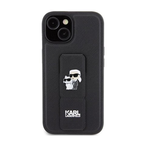Karl Lagerfeld Gripstand Saffiano Karl & Choupette Pins - Etui iPhone 15 (czarny) Karl Lagerfeld Gripstand Saffiano Karl & Choupette Pins - Etui iPhone 15 (czarny)