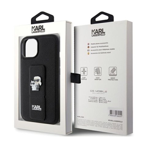 Karl Lagerfeld Gripstand Saffiano Karl & Choupette Pins - Etui iPhone 15 (czarny) Karl Lagerfeld Gripstand Saffiano Karl & Choupette Pins - Etui iPhone 15 (czarny)