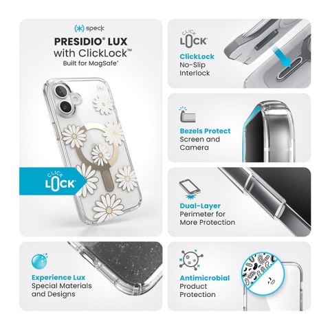 Speck Presidio Lux ClickLock & MagSafe - Etui iPhone 16 Plus (Sunshine Daisies / Clear / Gold) Speck Presidio Lux ClickLock & MagSafe - Etui iPhone 16 Plus (Sunshine Daisies / Clear / Gold)
