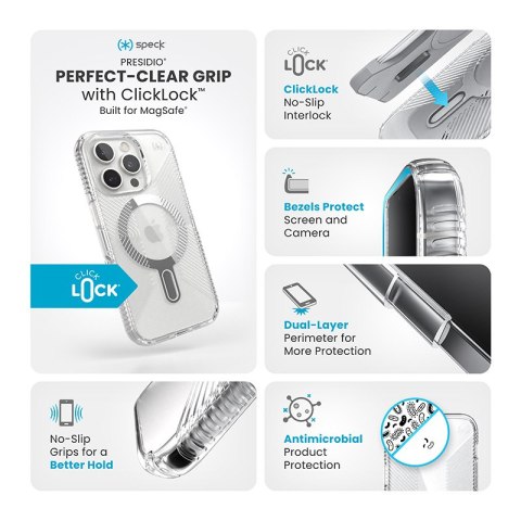 Speck Presidio Perfect-Clear Grip ClickLock & MagSafe - Etui iPhone 16 Pro (Clear / Chrome Finish / Serene Silver) Speck Presidio Perfect-Clear Grip ClickLock & MagSafe - Etui iPhone 16 Pro (Clear / Chrome Finish / Serene Silver)