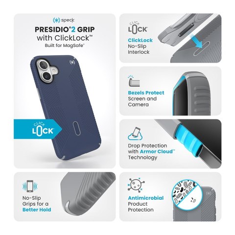 Speck Presidio2 Grip ClickLock & MagSafe - Etui iPhone 16 Plus (Coastal Blue / Dust Grey / White) Speck Presidio2 Grip ClickLock & MagSafe - Etui iPhone 16 Plus (Coastal Blue / Dust Grey / White)