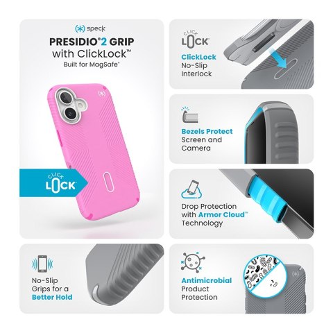 Speck Presidio2 Grip ClickLock & MagSafe - Etui iPhone 16 (True Pink / Shocking Pink / White) Speck Presidio2 Grip ClickLock & MagSafe - Etui iPhone 16 (True Pink / Shocking Pink / White)