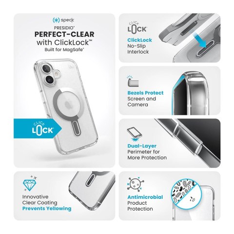 Speck Presidio Perfect-Clear ClickLock & MagSafe - Etui iPhone 16 (Clear / Chrome Finish / Serene Silver) Speck Presidio Perfect-Clear ClickLock & MagSafe - Etui iPhone 16 (Clear / Chrome Finish / Serene Silver)