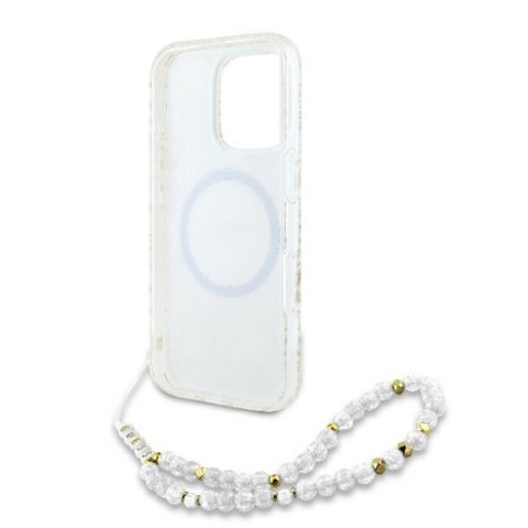 Guess IML Flowers Allover Electro With Pearl Strap MagSafe - Etui iPhone 16 Pro Max (biały) Guess IML Flowers Allover Electro With Pearl Strap MagSafe - Etui iPhone 16 Pro Max (biały)