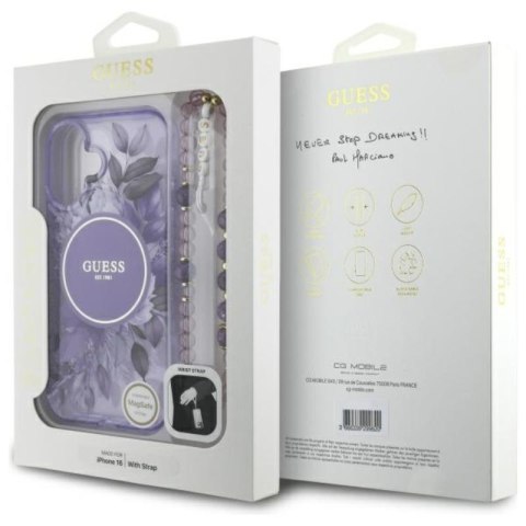 Guess IML Flowers With Pearl Strap MagSafe - Etui iPhone 16 Plus (fioletowy) Guess IML Flowers With Pearl Strap MagSafe - Etui iPhone 16 Plus (fioletowy)