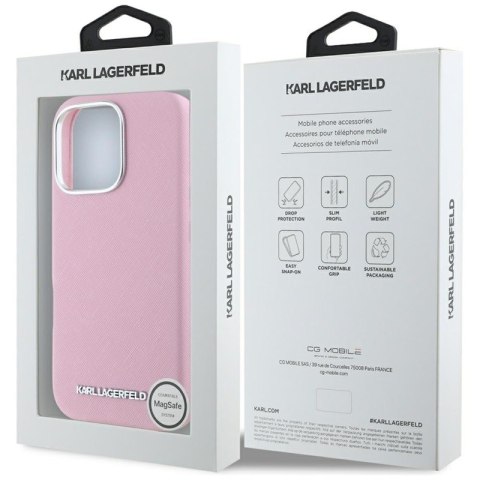 Karl Lagerfeld Saffiano Full Wrapped Elongated Metal Logo MagSafe - Etui do iPhone 16 Pro Max (różowy) Karl Lagerfeld Saffiano Full Wrapped Elongated Metal Logo MagSafe - Etui do iPhone 16 Pro Max (różowy)