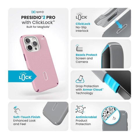 Speck Presidio2 Pro ClickLock & MagSafe - Etui iPhone 16 Pro (Wednesday Pink / Boysenberry Purple / White) Speck Presidio2 Pro ClickLock & MagSafe - Etui iPhone 16 Pro (Wednesday Pink / Boysenberry Purple / White)