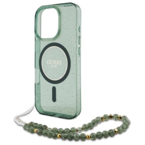 Guess IML Glitter With Pearl Strap MagSafe - Etui iPhone 16 Pro Max (zielony) Guess IML Glitter With Pearl Strap MagSafe - Etui iPhone 16 Pro Max (zielony)