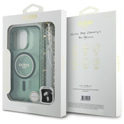 Guess IML Glitter With Pearl Strap MagSafe - Etui iPhone 16 Pro Max (zielony) Guess IML Glitter With Pearl Strap MagSafe - Etui iPhone 16 Pro Max (zielony)