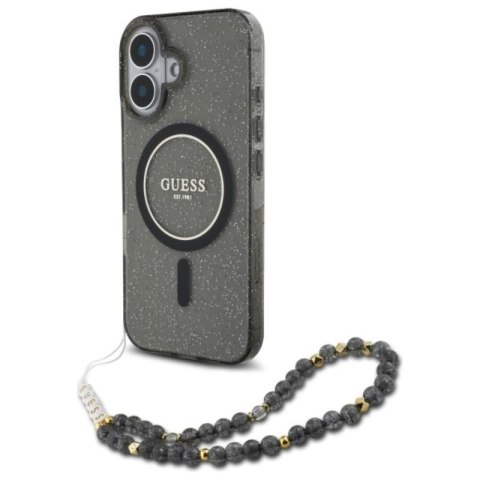 Guess IML Glitter With Pearl Strap MagSafe - Etui iPhone 16 (czarny) Guess IML Glitter With Pearl Strap MagSafe - Etui iPhone 16 (czarny)