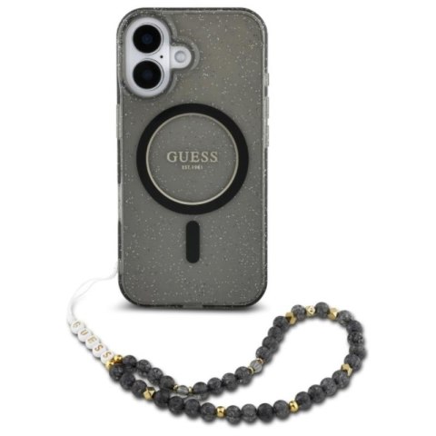Guess IML Glitter With Pearl Strap MagSafe - Etui iPhone 16 (czarny) Guess IML Glitter With Pearl Strap MagSafe - Etui iPhone 16 (czarny)