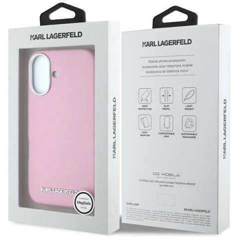 Karl Lagerfeld Saffiano Full Wrapped Elongated Metal Logo MagSafe - Etui do iPhone 16 (różowy) Karl Lagerfeld Saffiano Full Wrapped Elongated Metal Logo MagSafe - Etui do iPhone 16 (różowy)