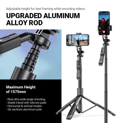 Crong SelfieGo Ultra - Aluminiowy selfie stick Bluetooth tripod (czarny) Crong SelfieGo Ultra - Aluminiowy selfie stick Bluetooth tripod (czarny)