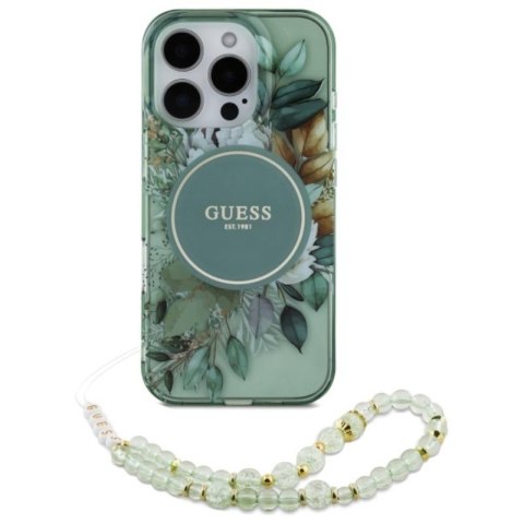 Guess IML Flowers With Pearl Strap MagSafe - Etui iPhone 16 Pro (zielony) Guess IML Flowers With Pearl Strap MagSafe - Etui iPhone 16 Pro (zielony)