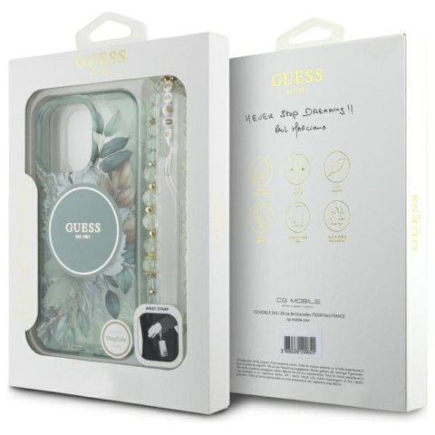 Guess IML Flowers With Pearl Strap MagSafe - Etui iPhone 16 Pro (zielony) Guess IML Flowers With Pearl Strap MagSafe - Etui iPhone 16 Pro (zielony)