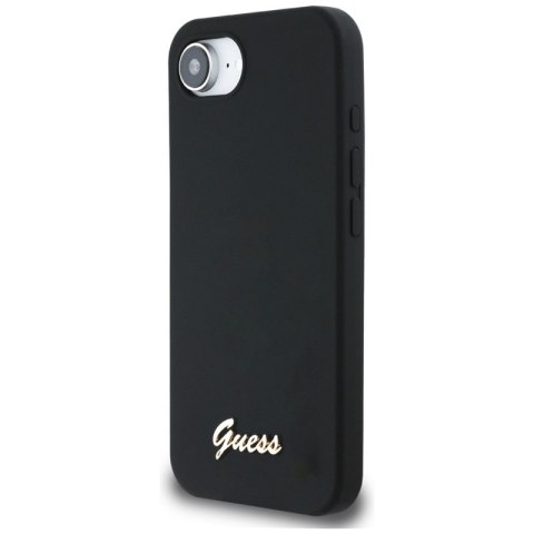 Guess Silicone Script Metal Logo MagSafe - Etui do iPhone 16e (czarny) Guess Silicone Script Metal Logo MagSafe - Etui do iPhone 16e (czarny)