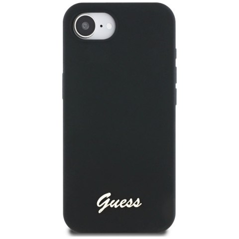 Guess Silicone Script Metal Logo MagSafe - Etui do iPhone 16e (czarny) Guess Silicone Script Metal Logo MagSafe - Etui do iPhone 16e (czarny)