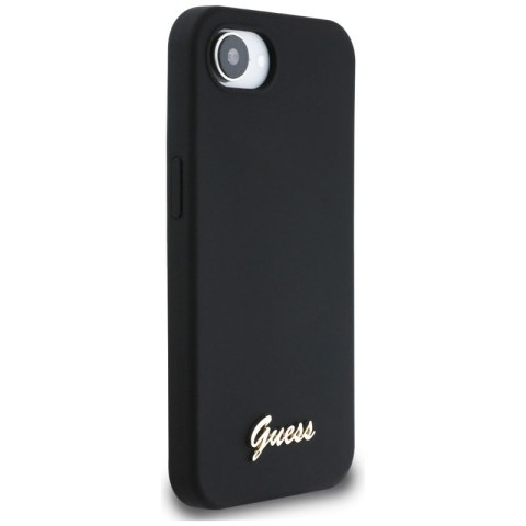 Guess Silicone Script Metal Logo MagSafe - Etui do iPhone 16e (czarny) Guess Silicone Script Metal Logo MagSafe - Etui do iPhone 16e (czarny)