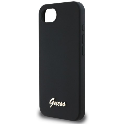 Guess Silicone Script Metal Logo MagSafe - Etui do iPhone 16e (czarny) Guess Silicone Script Metal Logo MagSafe - Etui do iPhone 16e (czarny)