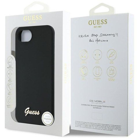 Guess Silicone Script Metal Logo MagSafe - Etui do iPhone 16e (czarny) Guess Silicone Script Metal Logo MagSafe - Etui do iPhone 16e (czarny)
