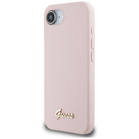 Guess Silicone Script Metal Logo MagSafe - Etui do iPhone 16e (różowy) Guess Silicone Script Metal Logo MagSafe - Etui do iPhone 16e (różowy)