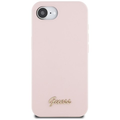 Guess Silicone Script Metal Logo MagSafe - Etui do iPhone 16e (różowy) Guess Silicone Script Metal Logo MagSafe - Etui do iPhone 16e (różowy)