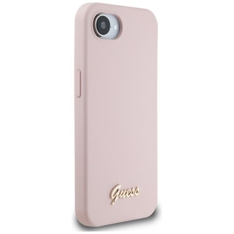 Guess Silicone Script Metal Logo MagSafe - Etui do iPhone 16e (różowy) Guess Silicone Script Metal Logo MagSafe - Etui do iPhone 16e (różowy)