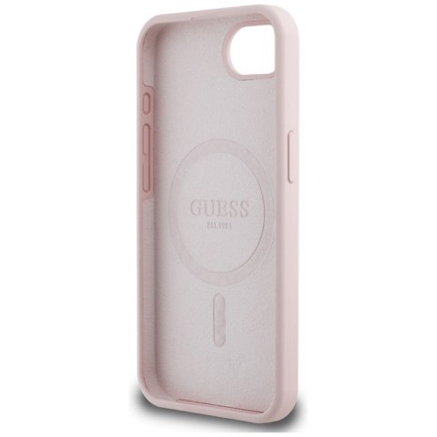 Guess Silicone Script Metal Logo MagSafe - Etui do iPhone 16e (różowy) Guess Silicone Script Metal Logo MagSafe - Etui do iPhone 16e (różowy)