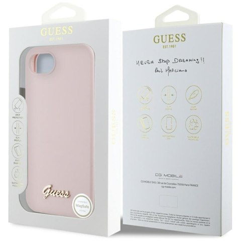 Guess Silicone Script Metal Logo MagSafe - Etui do iPhone 16e (różowy) Guess Silicone Script Metal Logo MagSafe - Etui do iPhone 16e (różowy)