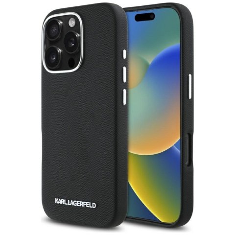 Karl Lagerfeld Saffiano Full Wrapped Elongated Metal Logo MagSafe - Etui do iPhone 16 Pro Max (czarny) Karl Lagerfeld Saffiano Full Wrapped Elongated Metal Logo MagSafe - Etui do iPhone 16 Pro Max (czarny)