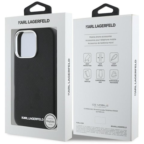 Karl Lagerfeld Saffiano Full Wrapped Elongated Metal Logo MagSafe - Etui do iPhone 16 Pro Max (czarny) Karl Lagerfeld Saffiano Full Wrapped Elongated Metal Logo MagSafe - Etui do iPhone 16 Pro Max (czarny)
