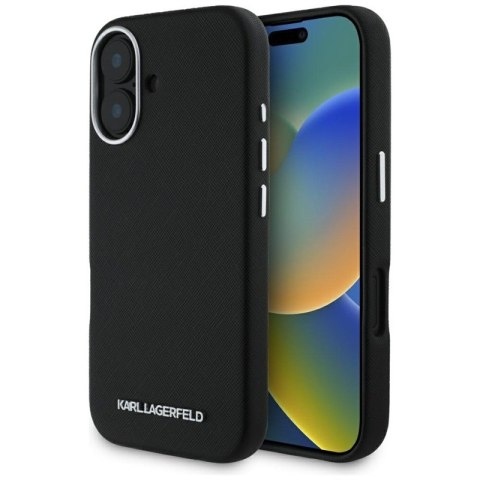 Karl Lagerfeld Saffiano Full Wrapped Elongated Metal Logo MagSafe - Etui do iPhone 16 (czarny) Karl Lagerfeld Saffiano Full Wrapped Elongated Metal Logo MagSafe - Etui do iPhone 16 (czarny)