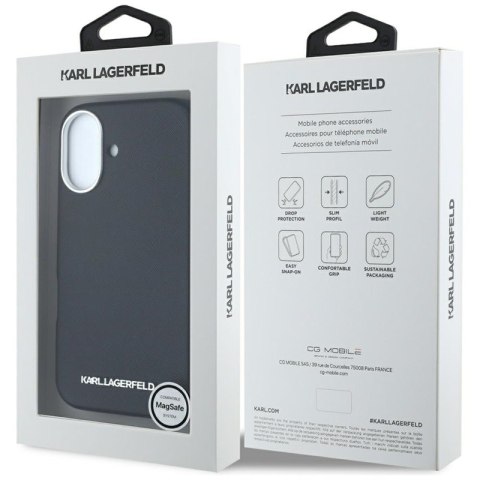 Karl Lagerfeld Saffiano Full Wrapped Elongated Metal Logo MagSafe - Etui do iPhone 16 (czarny) Karl Lagerfeld Saffiano Full Wrapped Elongated Metal Logo MagSafe - Etui do iPhone 16 (czarny)