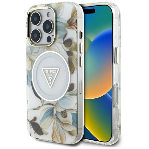 Guess Glitter Flowers Triangle Buttons MagSafe - Etui do iPhone 16 Pro Max (biały) Guess Glitter Flowers Triangle Buttons MagSafe - Etui do iPhone 16 Pro Max (biały)
