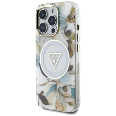 Guess Glitter Flowers Triangle Buttons MagSafe - Etui do iPhone 16 Pro Max (biały) Guess Glitter Flowers Triangle Buttons MagSafe - Etui do iPhone 16 Pro Max (biały)