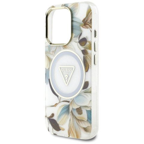 Guess Glitter Flowers Triangle Buttons MagSafe - Etui do iPhone 16 Pro Max (biały) Guess Glitter Flowers Triangle Buttons MagSafe - Etui do iPhone 16 Pro Max (biały)