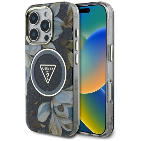 Guess Glitter Flowers Triangle Buttons MagSafe - Etui do iPhone 16 Pro Max (czarny) Guess Glitter Flowers Triangle Buttons MagSafe - Etui do iPhone 16 Pro Max (czarny)