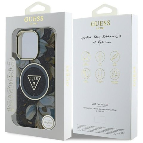 Guess Glitter Flowers Triangle Buttons MagSafe - Etui do iPhone 16 Pro Max (czarny) Guess Glitter Flowers Triangle Buttons MagSafe - Etui do iPhone 16 Pro Max (czarny)