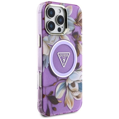 Guess Glitter Flowers Triangle Buttons MagSafe - Etui do iPhone 16 Pro Max (fioletowy) Guess Glitter Flowers Triangle Buttons MagSafe - Etui do iPhone 16 Pro Max (fioletowy)