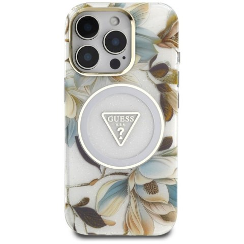 Guess Glitter Flowers Triangle Buttons MagSafe - Etui do iPhone 16 Pro (biały) Guess Glitter Flowers Triangle Buttons MagSafe - Etui do iPhone 16 Pro (biały)